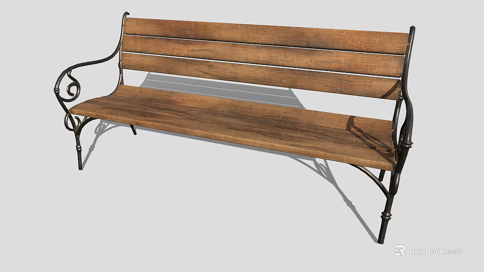 Classic Outdoor Wooden Bench with Metal Frame and Armrests for Garden Patio Use 3d model 