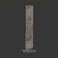 Artistic Stone Sculpture Carving Column Shaped With Red Patterns Square Base On Gray Background