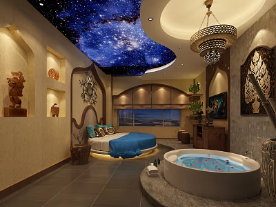 Hotel Guest Room Featuring Starry Ceiling Round Bed Bathtub Chandelier and Decorative Ornaments 3d model