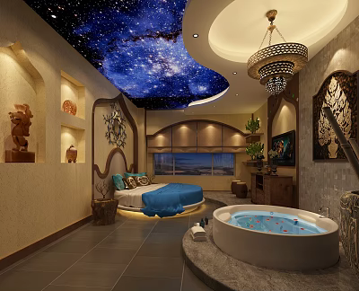 Hotel Guest Room Featuring Starry Ceiling Round Bed Bathtub Chandelier and Decorative Ornaments 3d model
