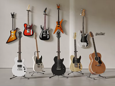 Various Style Electric Acoustic Guitars Display On Wall And Floor Stand 3d model