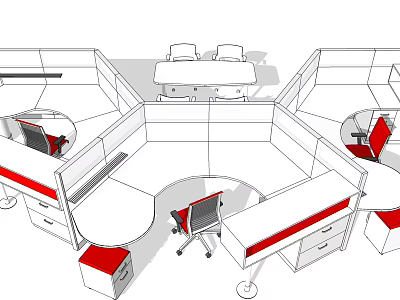 Modern Office Cubicle Layout Featuring Work Desks Red Accents And Chairs 3d model
