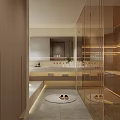 Modern Minimalist Bathroom Interior With Glass Shower Wooden Shelves And Marble Countertop