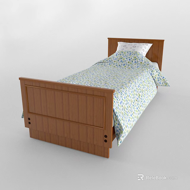 Single Bed with Wooden Frame and Floral Pattern Bedspread and White Pillow 3d model