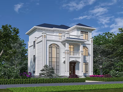 Two Story Detached Villa With White Exterior Blue Roof Arched Windows Lawn And Purple Flowers 3d model