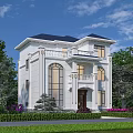 Two Story Detached Villa With White Exterior Blue Roof Arched Windows Lawn And Purple Flowers