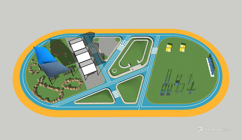 Park Layout Design With Track Lawn Play Area Pavilion And Paths 3d model 