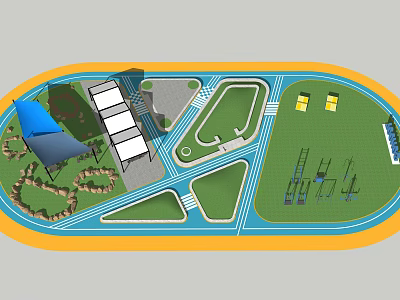 Park Layout Design With Track Lawn Play Area Pavilion And Paths 3d model