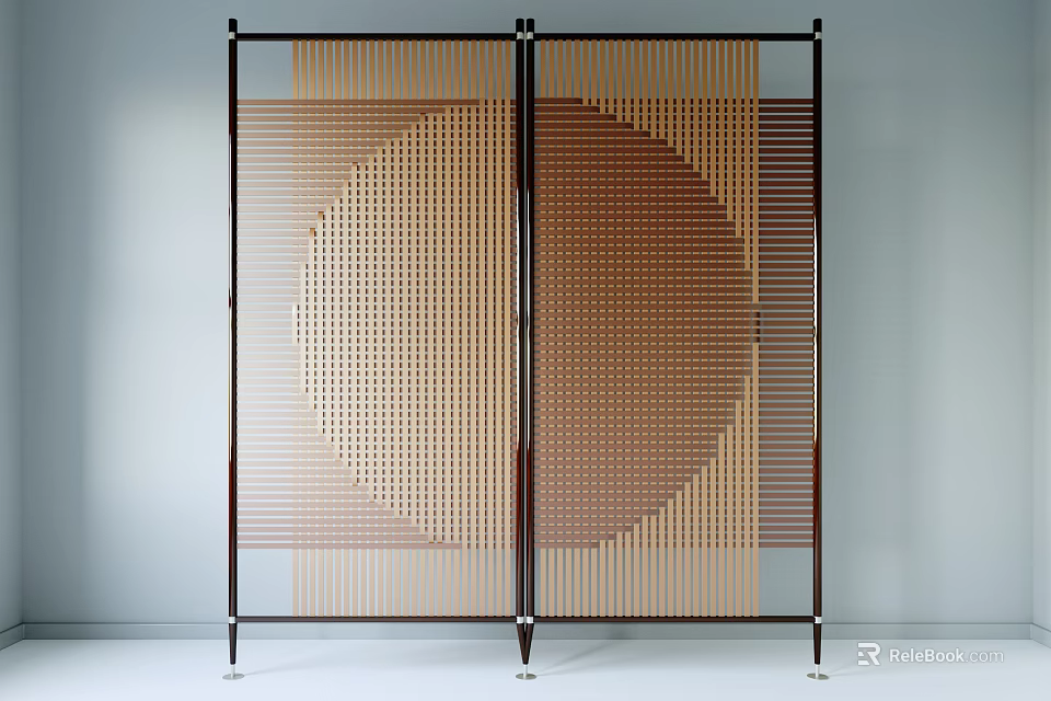 Modern Room Divider With Wooden Frame Circular Grid Pattern And Stripe Design 3d model