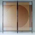 Modern Room Divider With Wooden Frame Circular Grid Pattern And Stripe Design 3d model