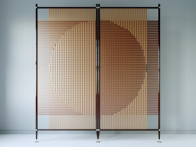 Modern Room Divider With Wooden Frame Circular Grid Pattern And Stripe Design 3d model