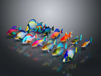 Colorful Tropical Fish in Group Showing Various Bright Colors and Shiny Reflections 3d model