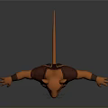 Anthropomorphic orange mouse wearing brown vest red belt boots with arms outstretched on gray background