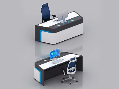 Modern Office Desk With Ergonomic Chair Computer Monitor And White Black Blue Design 3d model