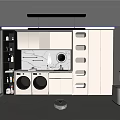 Home Balcony Interior With Washing Machine Dryer Marble Countertop White Cabinets Shelves Robot Vacuum Blinds