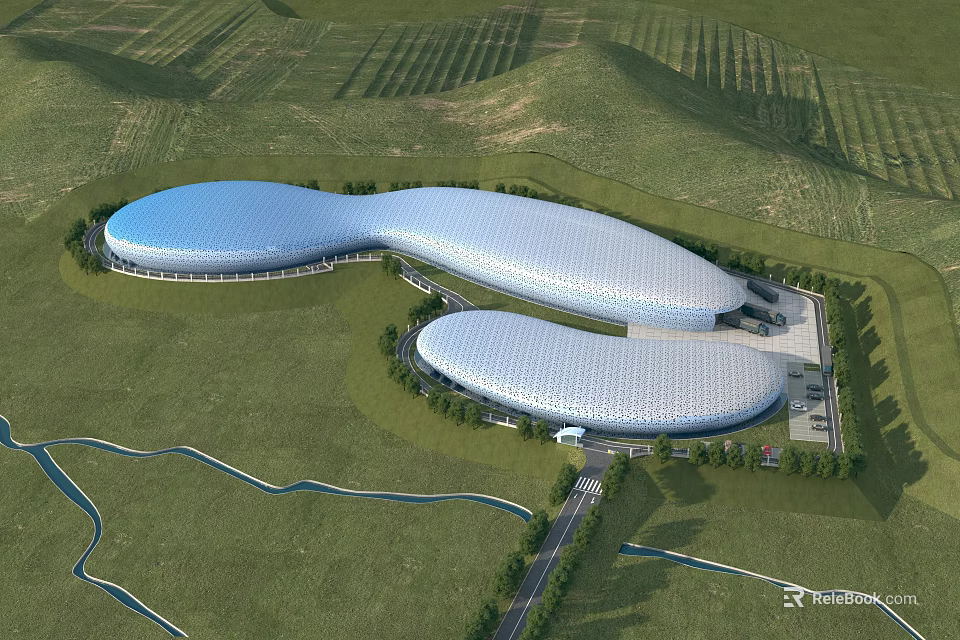 Modern Industrial Factory With Large Curved Roofs In Green Fields And Surrounding River 3d model 