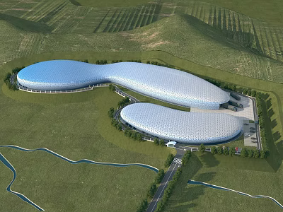 Modern Industrial Factory With Large Curved Roofs In Green Fields And Surrounding River 3d model