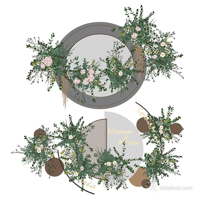 Modern Vase With Pink And White Flowers Green Vines And Circular Frame For Wedding Decor 3d model 