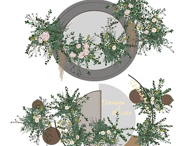 Modern Vase With Pink And White Flowers Green Vines And Circular Frame For Wedding Decor 3d model