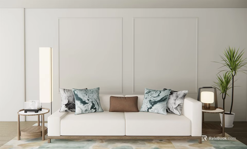 Modern White Double Sofa with Decorative Pillows Floor Lamp and Side Table in Light Room 3d model 