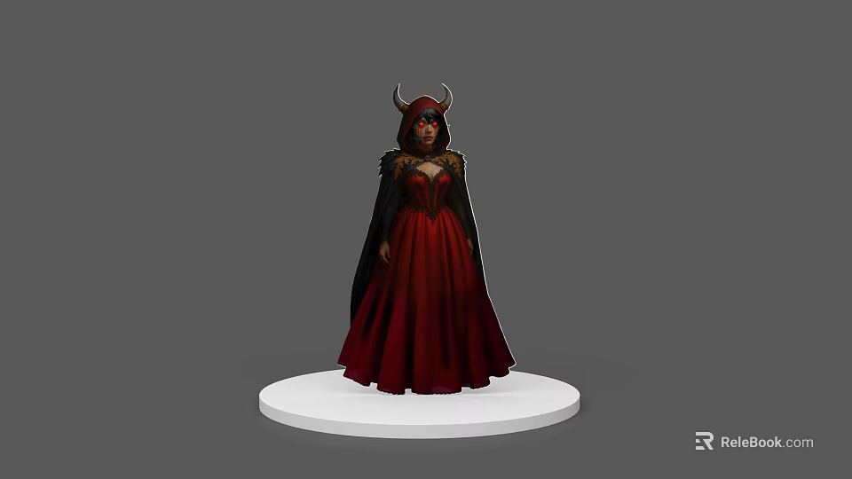 Game Movie Character in Red Long Dress Black Cape Horns Standing on White Base 3d model 