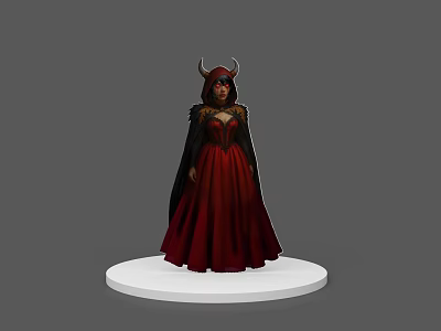 Game Movie Character in Red Long Dress Black Cape Horns Standing on White Base 3d model