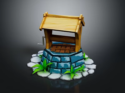 Traditional Well Structure With Wooden Roof Stone Paving And Green Grass Decor 3d model