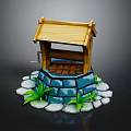 Traditional Well Structure With Wooden Roof Stone Paving And Green Grass Decor