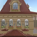 Classical Detached Villa With Red Tiled Roof And Arched Windows With Flower Pots
