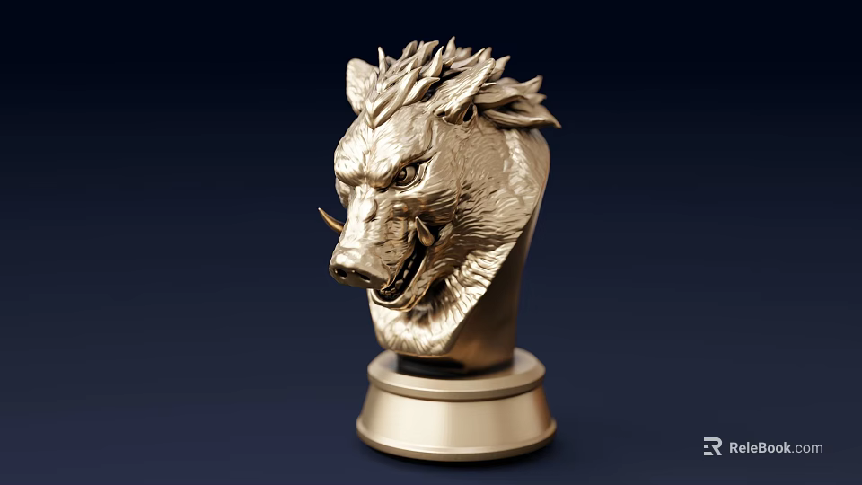 Exquisite Golden Boar Head Sculpture Featuring Detailed Carving on Elegant Pedestal 3d model 