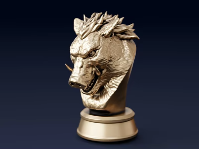 Exquisite Golden Boar Head Sculpture Featuring Detailed Carving on Elegant Pedestal 3d model