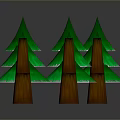 Six Green Pine Trees With Snow Covered Tops And Brown Trunks On Gray Background