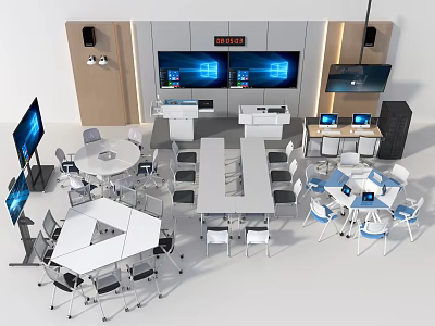 Modern Office Workspace With Round And Rectangular Table Chair Sets And Computer Screens 3d model
