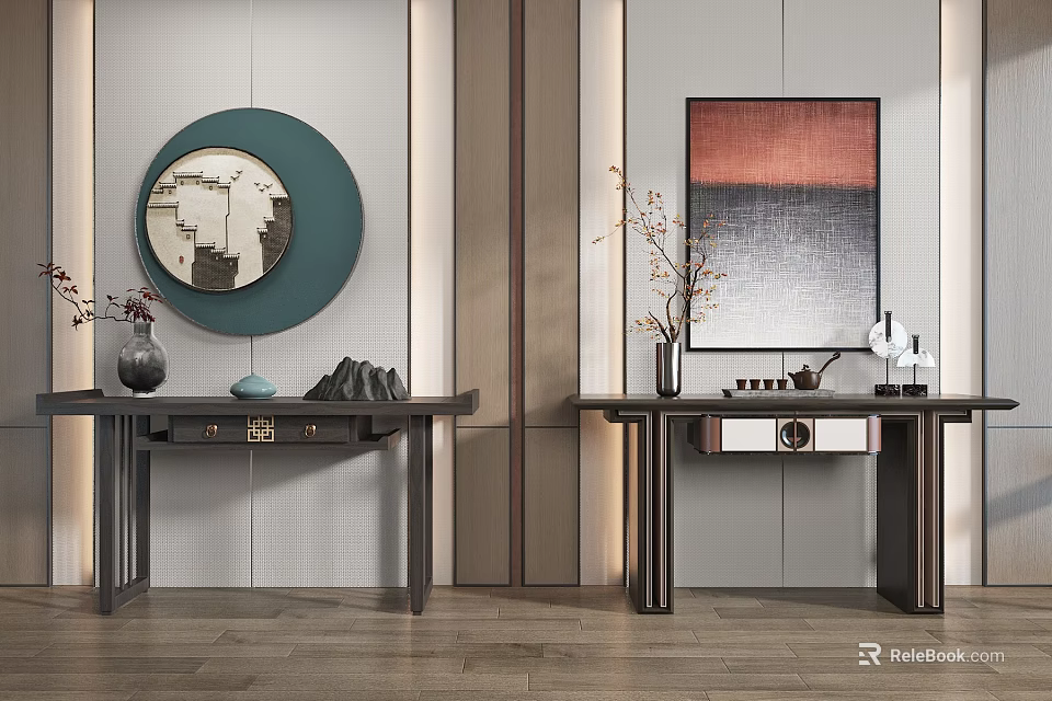 Elegant Chinese Console Table Interior With Round Mirror Decorative Painting And Ceramic Vase 3d model