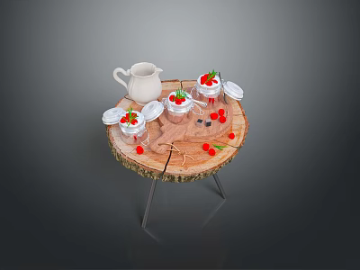 Delicious Creamy Desserts in Glass Cups with Fresh Strawberries and Berries on Wooden Tray 3d model