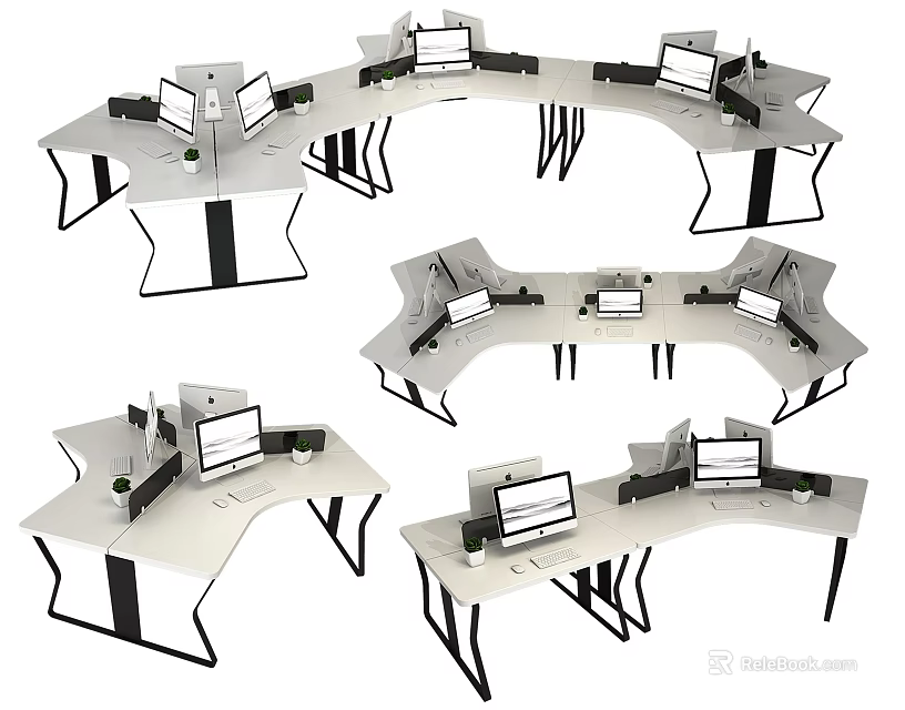 Multiple Office Desks With Curved And Straight Designs Featuring Monitors For Workspace 3d model 