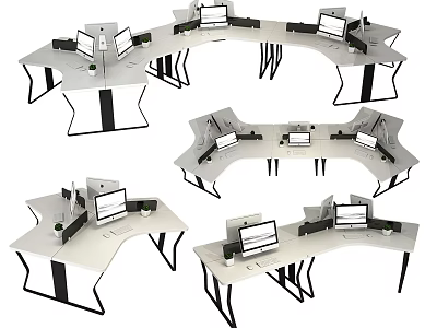 Multiple Office Desks With Curved And Straight Designs Featuring Monitors For Workspace 3d model