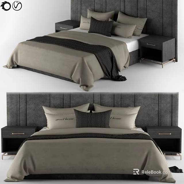 Elegant Modern Double Bed With Upholstered Headboard Nightstands And Gray Bedding 3d model