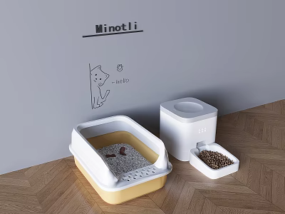 Cat Feeder With Litter Box And Wall Cat Illustration For Pet Care 3d model