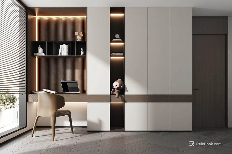 Modern Study Room Interior Design With Writing Desk Chair And Bookshelf Lighting 3d model 