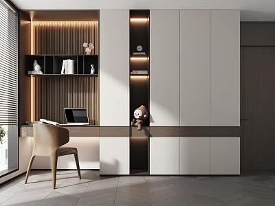 Modern Study Room Interior Design With Writing Desk Chair And Bookshelf Lighting 3d model