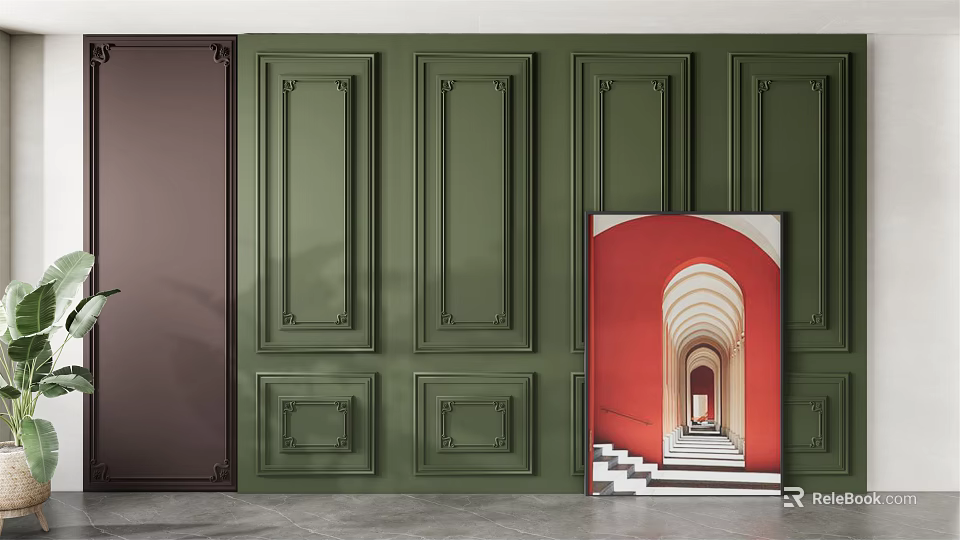 Green Sofa Background Wall Interior With Decorative Panel And Red Artwork 3d model