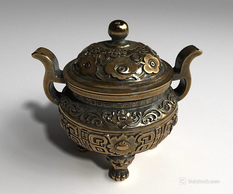 Ornate Bronze Furniture Decorative Piece With Lid Two Handles And Intricate Patterns 3d model 