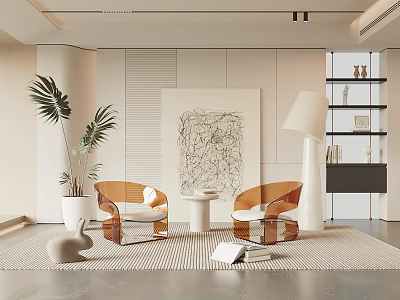 Modern Casual Sofa Set with Wooden Frame Palm Plant Striped Rug and Abstract Painting 3d model