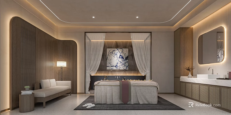 Luxury SPA Sauna Interior Design With Relaxation Bed Wooden Walls And Soft Lighting 3d model 