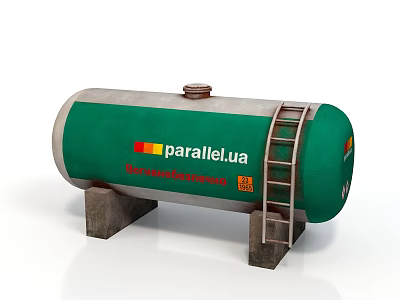 Green Cylindrical Storage Tank with Ladder and Concrete Supports Featuring Parallel UA Logo 3d model