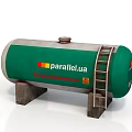Green Cylindrical Storage Tank with Ladder and Concrete Supports Featuring Parallel UA Logo