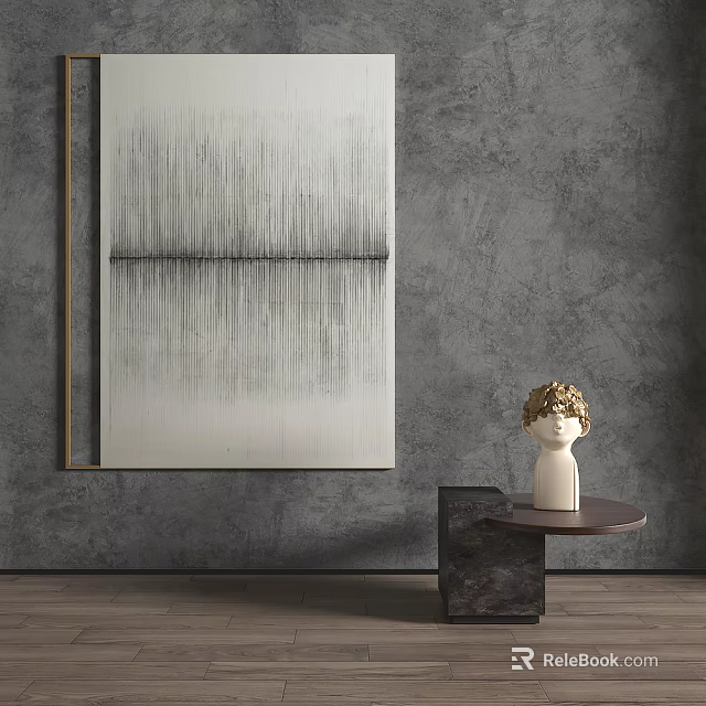 Modern Side Table With Small Sculpture And Abstract Painting On Gray Wall 3d model