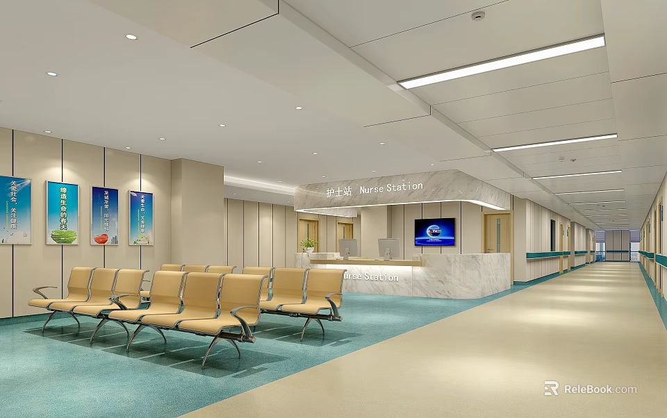 Hospital Waiting Area Interior With Yellow Seats And Reception Desk 3d model 