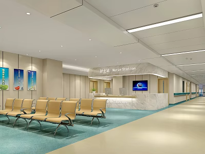 Hospital Waiting Area Interior With Yellow Seats And Reception Desk 3d model